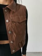 DERİ CROP YELEK - Kahverengi resmi